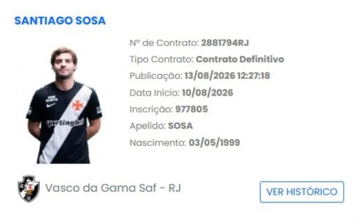 Sosa é regularizado no BID como jogador do Vasco.
